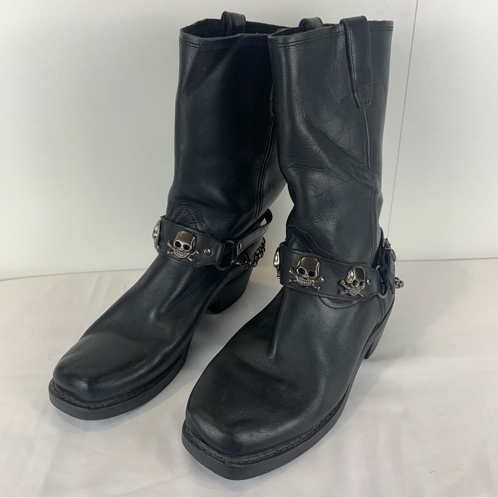 Dingo Skull Crossbones Black Leather Moto Harness Boots Chains Men's 8.5 X-Wide